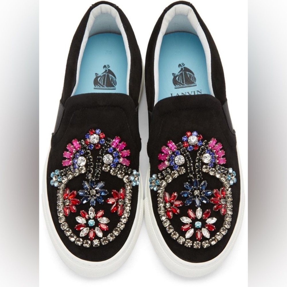 Lanvin Black Goat Suede Leather Multicolor Crystal Embellished Slip-On Sneaker 6